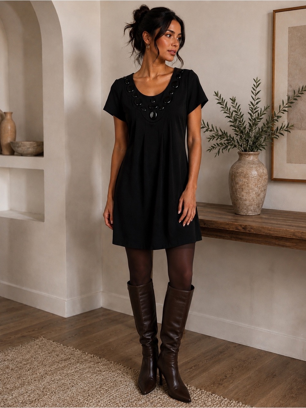Signature by Robbie Bee Black Embellished Shift Dress Size 10